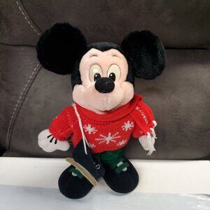 Plush Disney Mickey Mouse in Red Winter Sweater Carrying Ice Skates - 12" Tall